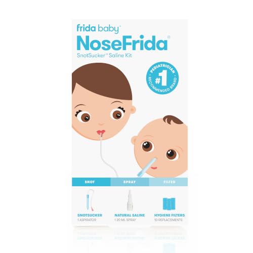 Image of Frida Baby Saline Kit, Cold & Flu 12 pc Set Includes NoseFrida Nasal Aspirator for Baby, Nose Sucker, Saline Nasal Spray with 10 Extra Hygiene Filters, Nasal Spray Decongestant, 0.68 fl oz