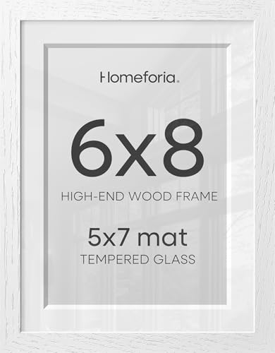 Image of Homeforia 6x8 Picture Frame White, High End Oak 8x6 Wooden Frames with Mat 7x5 Print, 6 x 8 White Wood Frame Matted to 5 x 7 inch Photo, 6by8 Wall or Tabletop Frame, Tempered Glass, Wall Kit, Set of 2