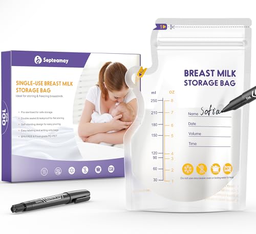 Image of Septeamay 100 Pcs Breast Milk Storage Bag with a Black Marker, 250ml No Leak Milk Storage Bags, Store Flat or Standing, Pre-sterilised, BPA Free Breastmilk Storage Bag with Pour Spout for Freezer