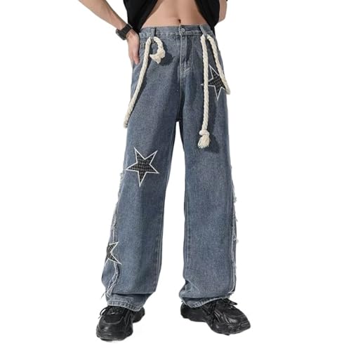 Men's Elastic Waist Jeans Embroidered Star Baggy Straight Leg Denim Pants Trendy Loose Skate Jean Pants