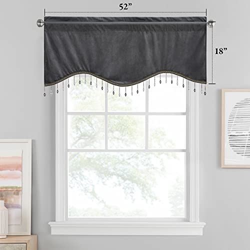 Stangh Velvet Valance For Kitchen Curtains, Luxury Beads Tassel Scalloped Tier Curtains For Bathroom Window, Small Half Curtain For Bedroom Living Room, Grey, W52 X L18, 2 Panels #TOP1