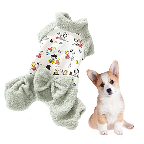 OUHUAN 犬服 ペット服 パーカー ドッグウェア Tシャツ スヌーピー 可愛い リボン本 ロンパース ペットウェア 四足 綿製 犬の服 犬猫洋服 柔らかい 防寒 人気 小中型犬服 猫服 犬用コスチューム ハロウィン クリスマス (S,グリーン)
