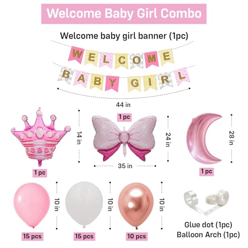 Image of Party Propz Welcome Baby Decoration- 46pcs, Baby Welcome Home Decoration Kit, Welcome Home Baby Decoration, Wlcome Bby Girl Decoration, Wlcome Bby Girl Banner (Cardstock, Latex, Foil)