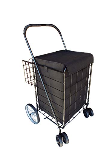 Portable Double Basket Heavy-Duty Folding Shopping Cart w/Front Swivel Wheels, and Steel Back