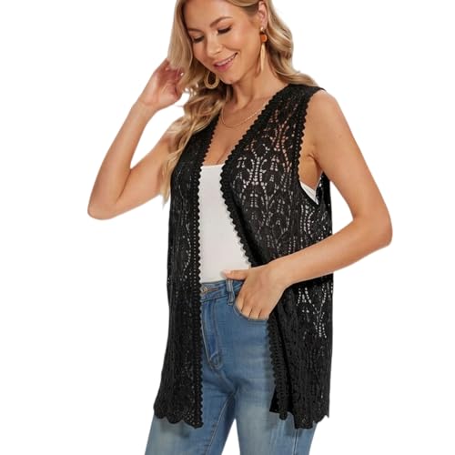 Image of Womens Floral Crochet Lace Boho Trim Sleeveless Open Front Vest Cardigan