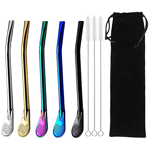 5 pièces cuillère pailles cuillère à boire en acier inoxydable pailles cuillères à cocktail en métal réutilisables pailles avec longue brosse de nettoyage avec 3 brosses et un sac Cover