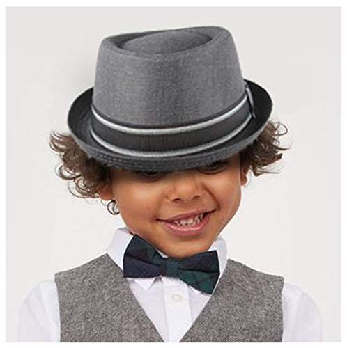 Hut, tägliche Accessoires, breite Krempe, Kinder, flacher Porkpie-Hut, für Jungen, Mädchen, Baumwolle, Show-Fedora-Hut für Kinder, Kirche, Porkpie, Jazz, Hut (Farbe: Hellgrau, Größe: 56-57 cm) Cover