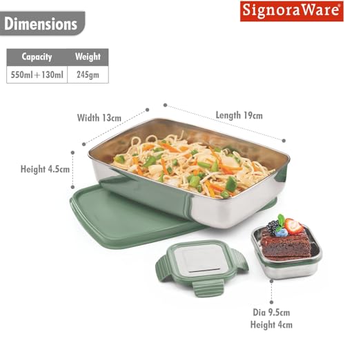 Image of SignoraWare Munch Mate Stainless Steel Lunch Box | Airtight & Leakproof | Durable & Compact | Easy to Carry | Ideal Tiffin for Office, School & Travel (550ml + 130ml | Egreen)