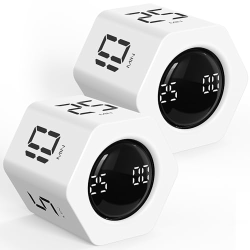 Image of Rotating Pomodoro Timer 5, 25, 10 30,60 Mins Preset Stopwatch, Desk Flip ProductivityTimer, ADHD Tool Hexagon, Vibration /Mute /Alarm, for Work, Study, Back to School, Kitchen, 2 Pack White