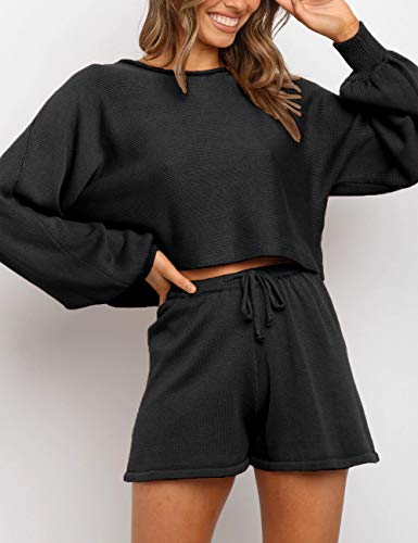 ZESICA Women's Casual Long Sleeve Solid Color Knit Pullover Sweatsuit 2 Piece Short Sweater Outfits Sets Black
