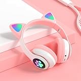 Fone de Ouvido Infantil Bluetooth com Orelhas de Gato, LED RGB, Dobrável, Ajustável, Rosa e Branco, Design Kawaii para Crianças (Rosa)