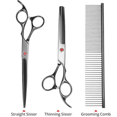 QWORK® 5 in 1 Profi Hundeschere Set, 7 Zoll Edelstahl Effilierschere, Gerade und Gebogen Schere, Pflegekamm, für Hunde und Katzen