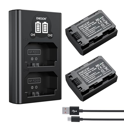 ENEGON NP-FZ100 Battery 2280mAh and Dual LCD Charger Set for Sony A7iii A7iv A7C A7C ii A6700 A6600 ZV-E1 ZV-E10ii FX3 FX30 A9 Alpha 9 Alpha 9S A9S A7R3 A7R4 Camera.