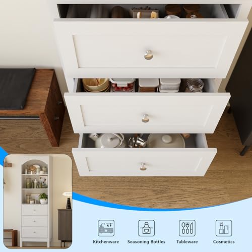 Image of 71 inch H Tall Bookshelf with Drawers, Farmhouse Book Shelf with 3-Tier Open Shelves, Wooden Bookcase with Storage Drawers, Freestanding Bookshelves for Bedroom, Living Room, White