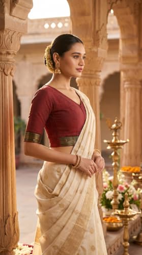 Image of Studio Shringaar Women's Handloom Cotton Stretchable (Smocked) Saree Blouse with Temple Zari Border
