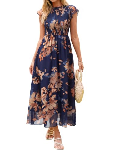 BerryGo Womens Floral Maxi Dress Ruffle Cap Sleeve Chiffon Smocked Western Dress Modest Flowy Wedding Guest Dress Fall Trendy Fashion Teacher Outfits Navy Blue M