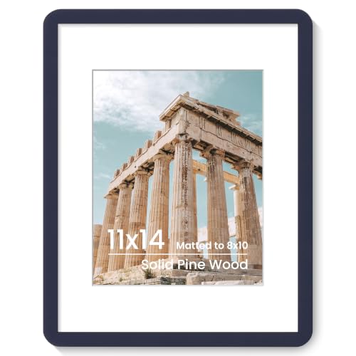 FLYJOE 11x14 Picture Frame | Solid Wood 11 x 14 Picture Frame With Mat For 8x10 | 11x14 Poster Frame | Plexiglass And Hanging Hardware Included | 11 By 14 Photo Frame Wood (Navy Blue, 1 Pack)