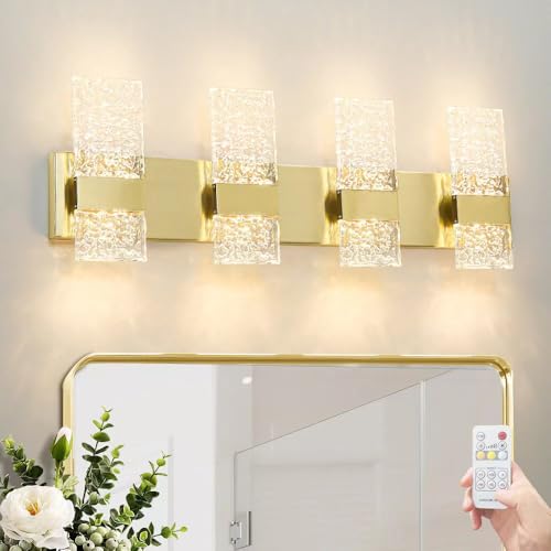 Image of Modern Polished Gold 4 Lights Bathroom Vanity Light, Eleglant LED Bathroom Light Fixtures Over Mirror, Dimmable Acrylic Shade Wall Lighting Fixtures, Hardwired Wall Light(H9.25in, L28.35in)
