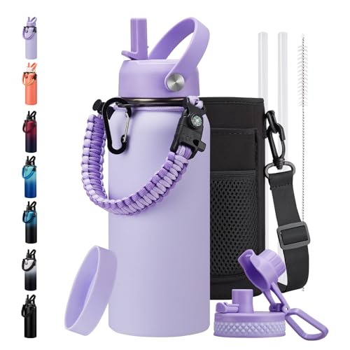 32 oz Insulated Water Bottle with Straw - Water Bottle with Strap for Women