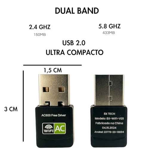 Receptor Wirelless adaptador Wifi Dual Band 2.4Ghz e 5.8Ghz 600mbps com Anatel 8XTECH