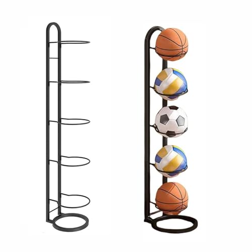 Adjustable 5 Tier Ball Storage Rack,Metal Wall-Mounted Sports Gear Organizer for Basketball Football Volleyball Storage,Perfect for Garages, Locker Rooms,Indoor Training Facilities Equipment Storage