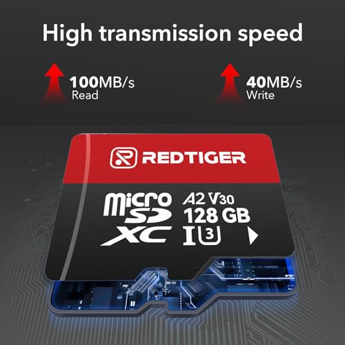 Image of REDTIGER High Speed 128GB Micro SD Card with Adapter, microSDXC UHS-I Class 10, U3, V30 A2, Support for Dash Cam and 4K Video Recording, Compatible with F7NP-V07&F9&F7NT-V04&F17&VP20&A4&F17PLUS