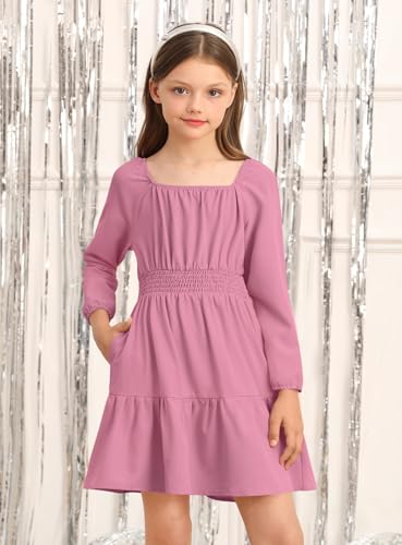 Girls Fall Square Neck Smocked Waist Puff Long Sleeve Side Pockets Trendy Midi Dress 6-14 Years2