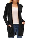 GRACE KARIN Women's Long Fleece Black Cardigan Sweater, Open Front Chunky Fall Knit Jacket, Fuzzy Soft Winter Coat Pockets
