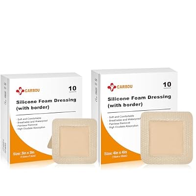 Carbou Silicone Foam Dressing with Adhesive Gentle Border,10 Pcs 3x3 and 10 Pcs 4x 4Adhesive Waterproof and High Absorbency Square Wound Care Dressing Bandage for Pressure Sore, Leg Ulcer, Diabet
