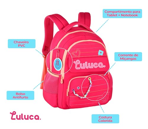 Kit Mochila Luluca Costas Escolar Infantil Lancheira E Estojo Menina Linda (Rosa)