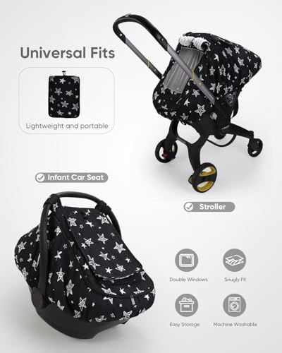 Image of Car Seat Cover for Baby, with Mesh and Zipper, Black Star | 2 Layers, Available In Winter And Summer, Windproof, 4 usage modes, Easy Access Carseat Covers Snug Fit Baby Stroller