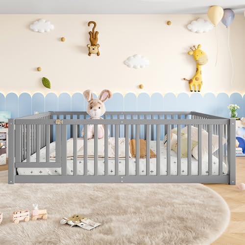 Image of Bellemave Queen Size Kids Montessori Floor Bed with Door,Solid Wood Floor Bed Frame with High Fence for Girls,Boys,Gray