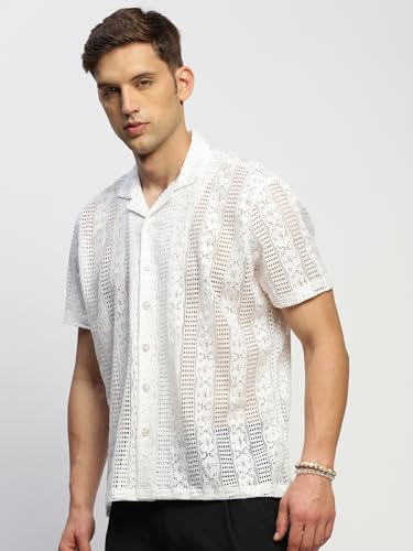 Image of SHOWOFFFF Men Solid Casual Shirt | Cuban Collar Half Sleeves Cotton Shirt for Mens | Relaxed Fit Regular Length Shirt for Men's