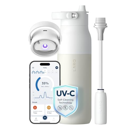 LARQ PureVis 2 Self Cleaning Water Bottle - UV Water Purifier with Filter Straw Smart App Hydration Tracking Insulated Stainless Steel - Granite White 23 Oz