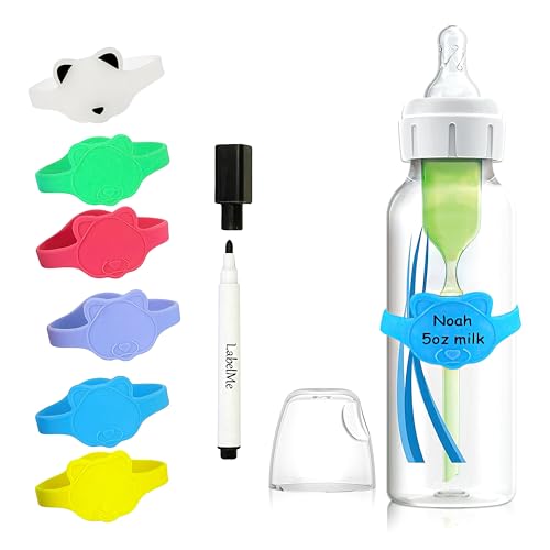 Image of Baby Bottle Labels for Daycare –6 Multi-Colored Unique Panda-Shaped Reusable Silicone Name Labels Fit Popular Bottles and Sippy Cups– Includes Waterproof Marker (Small - Fits Dr. Brown 4 Ounce bottle)