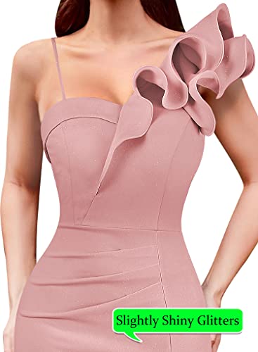 Image of VFSHOW Womens Ruffle One Shoulder Strap Ruched Formal Prom Wedding Maxi Dress V Neck Elegant Split Cocktail Evening Long Gown