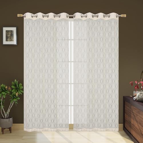 Image of Floral Semi Transparent Net Curtains 9 Feet Long Set of 2 Pcs, Sheer Curtains for Long Door-4 Feet X 9 Feet for Pooja Room, Drawing Room, Cream Color