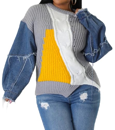 Vaceky Womens Sweaters Denim Sleeve Color Block Crewneck Pullover Knit Tops