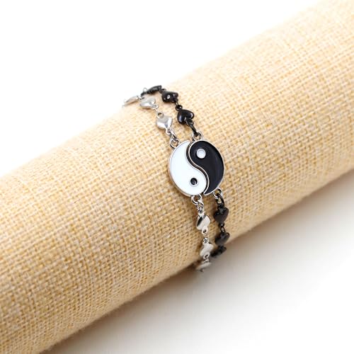 Image of 2 Couple Bracelets for men women, Love /Koi Fish /Gossip Jigsaw Puzzle Stainless Steel Heart-shaped Chain Adjustable Bracelet for Boyfriend Girlfriend Valentine's Day Gift Jewelry