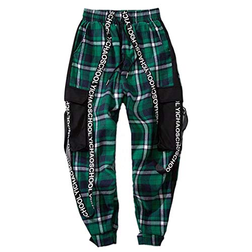 Men's Casual Elastic Waist Jogger Pants Plaid Letter Print Cargo Pants Ankle Length Pants Sweatpants Trousers Blue