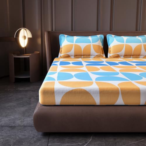 Image of Divine Casa Cotton King Size Bedsheet | 210 TC Soft Breathable Pigment Twill Satin Bed Sheet with 2 Pillow Covers | Luxury Bedding Set | 275 x 275 cm (Beige & Blue, Gemetic)