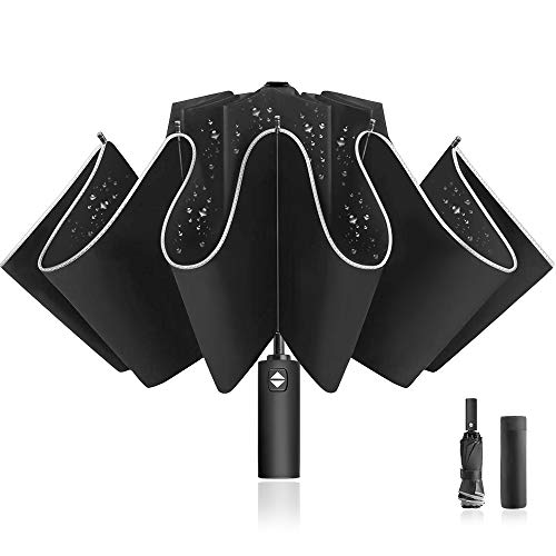 Waterproof Travel Umbrella - MOSFiATA 12 Reinforced Fiberglass Ribs High Density Waterproof Inverted Umbrella with Vinyl Coating for Anti-UV, Auto Folding Umbrella, Reflective Stripes for Night Safety