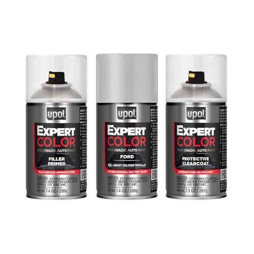U-POL Expert Color Car Spray Paint Touch Up Kit, Ford UX Ingot Silver Metallic, Exact Match Automotive Paint Kit with Primer & Clearcoat, For Scratch Repair or Repainting