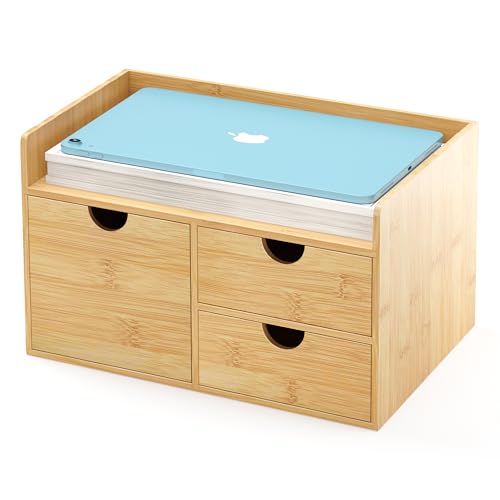 Wisuce Bamboo Desk Drawer Organizer, 3 Drawer Desktop Organizer with Drawers Tabletop Storage Organization Box for Office Home Toiletries Supplies Vanity, No Assembly Required