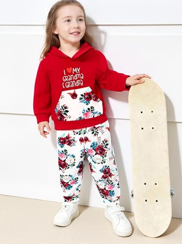 Image of 2PC Girls Clothes Girl letter and Floral print Hooded Set, letter print Top +Floral print Pants Set