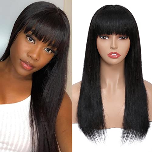 Wigs with Bangs Straight Human Hair Wigs for Black Women 20 Inch Wig with Bangs Brazilian Remy Virgin Hair Wigs None Lace Wigs Human Hair Glueless Full Machine Made Wig Natural Color