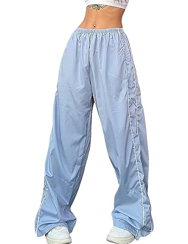 Shebote Womens Parachute Pants Wide Leg Baggy Y2K Elastic Waist Jogger Sweatpants Track Pants Streetwear(0046-LightBlue-L)