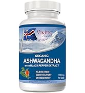 Viking Organic Ashwagandha with Black Pepper Extract Icelandic. 60 Vegan Capsules - Maximum Absor...