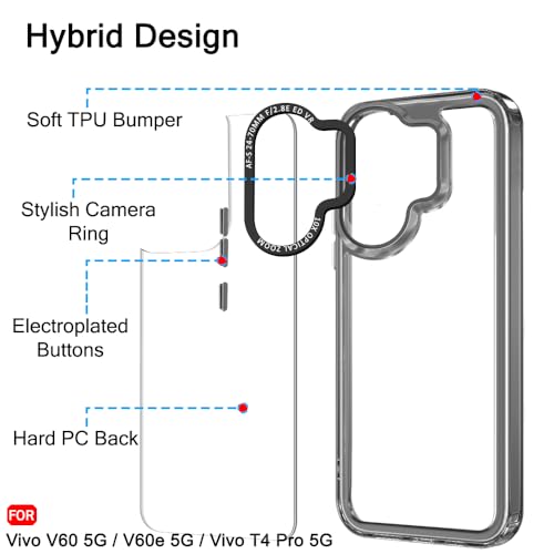 Image of TheGiftKart Hybrid Shockproof Back Cover Case for Vivo V60 5G / V60e 5G / Vivo T4 Pro 5G | Stylish Camera Border | Electroplated Buttons | Crystal Clear Hard Back Cover Case (TPU & PC, Smoked Bumper)