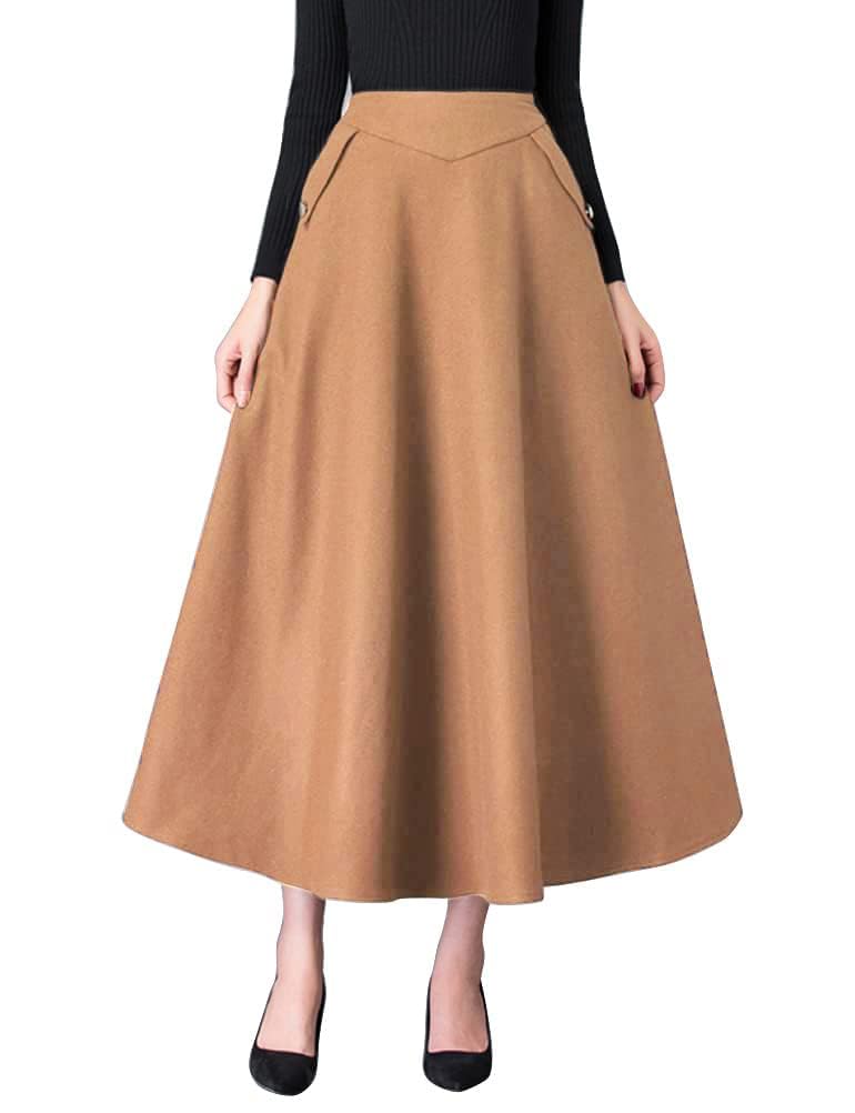IDEALSANXUN Women’s Fall Winter High Waisted Wool Plaid A-line Long Skirt